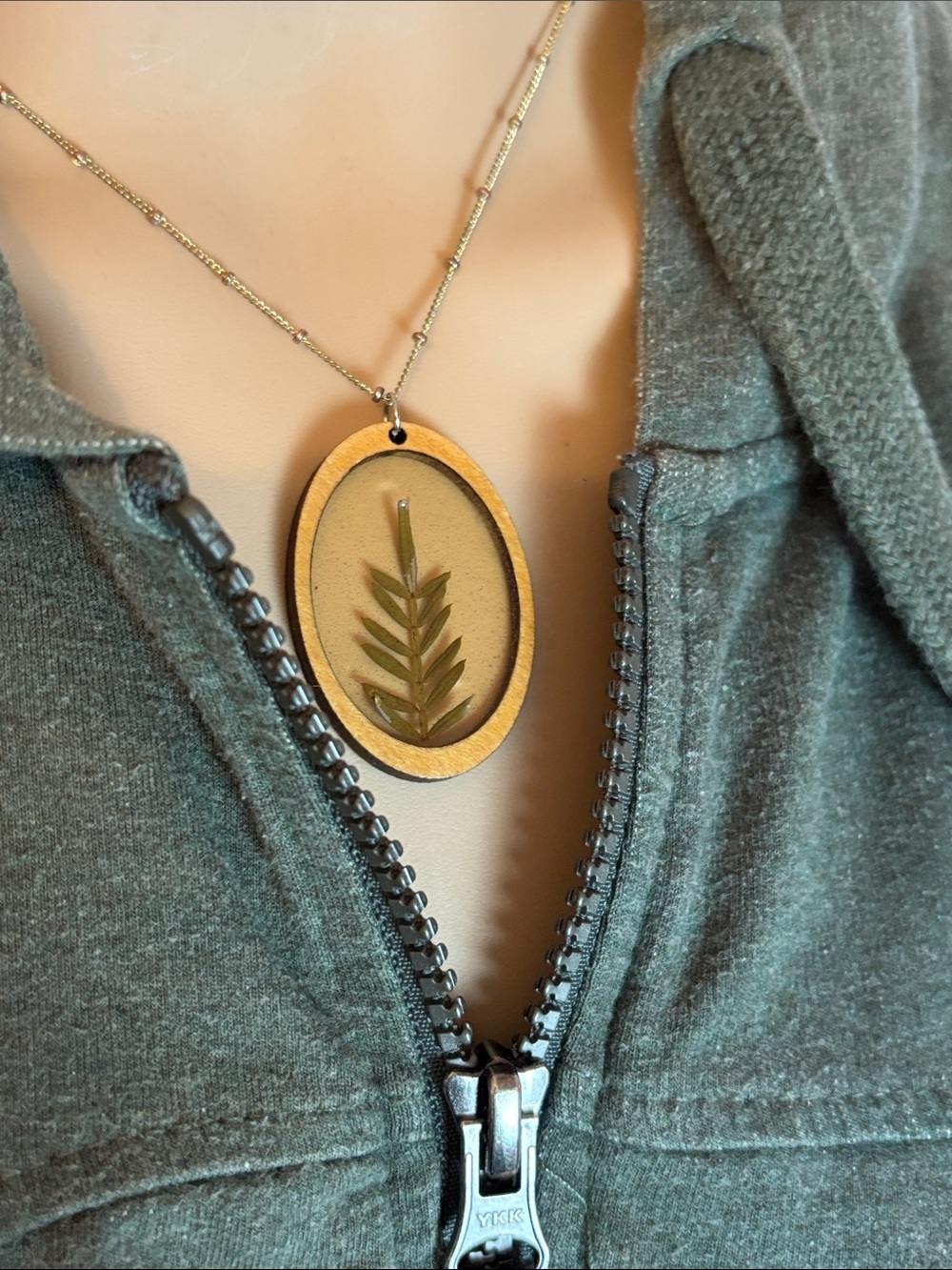 Artisan Gold Oval Pendant Necklace with Green Botanical and 16” Chain